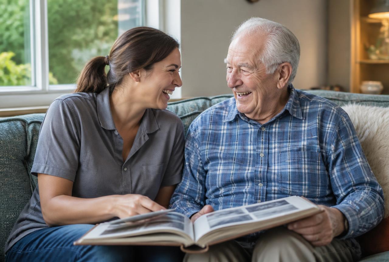 Ten Benefits of a Home Health Aide for an Aging Parent Caregiver laughing with an older man while looking through a family photo album