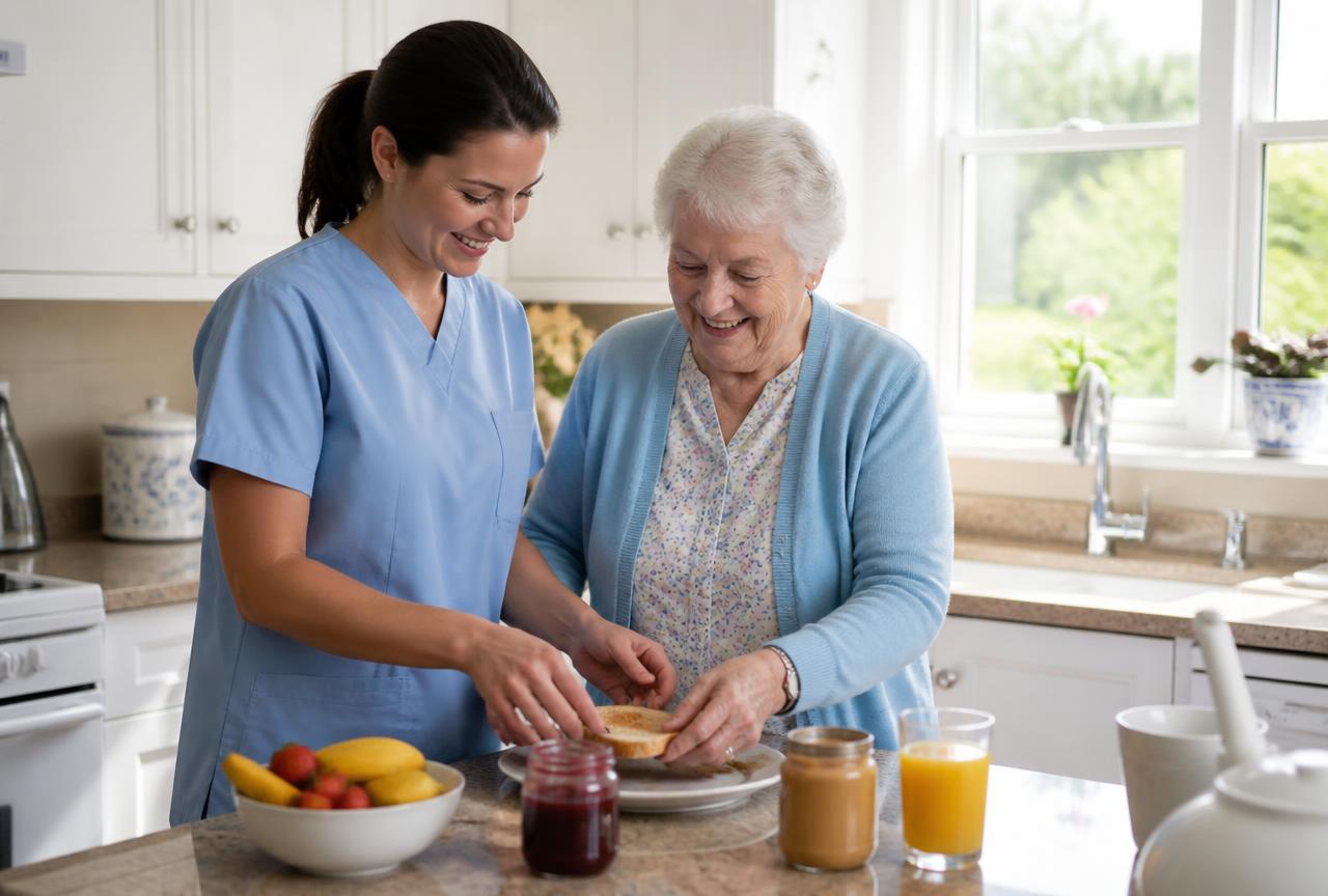 Home Health Aide Services in Massachusetts: What They Cover and How to Get Started Home health aide helping a smiling older woman prepare breakfast in her kitchen