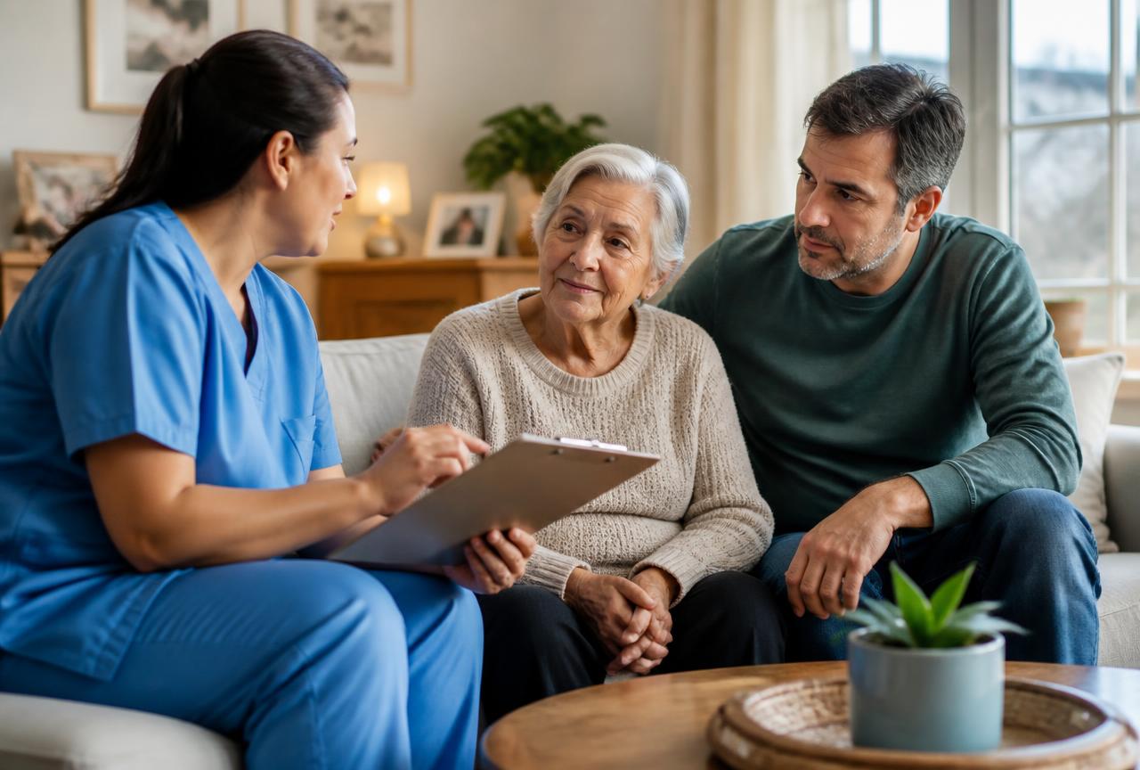 HHA, Personal Care, or Skilled Nursing: Which Level of Home Care Fits? Care coordinator reviewing a home care plan with an older woman and her son