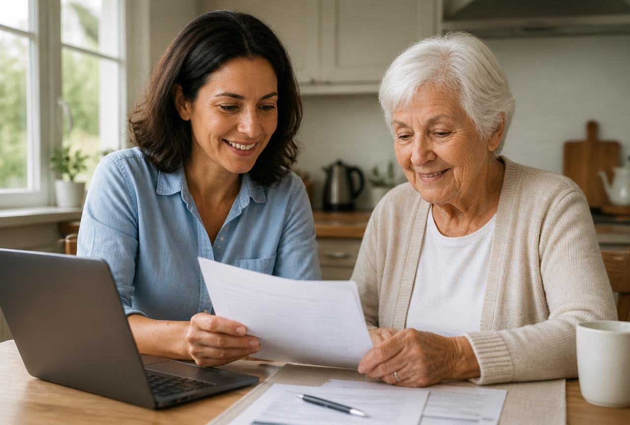 How MassHealth and Senior Plans Pay for Home Care in Massachusetts Adult daughter and her mother reviewing home care insurance paperwork at the kitchen table