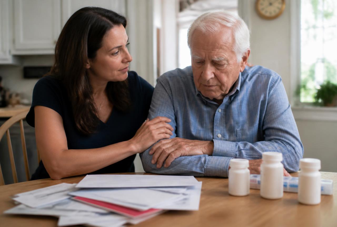 Eight Signs It Is Time to Bring Home Care Into Your Parent's House Adult daughter comforting her elderly father at a kitchen table with unopened mail and pill bottles