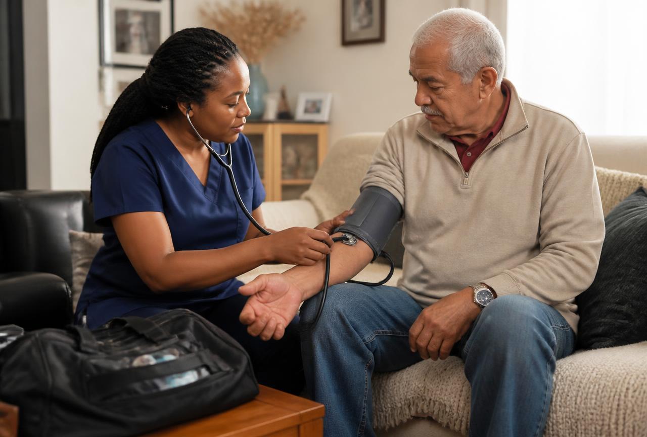 Skilled Nursing at Home: What a Visiting Nurse Actually Does Visiting nurse checking an older man's blood pressure in his living room